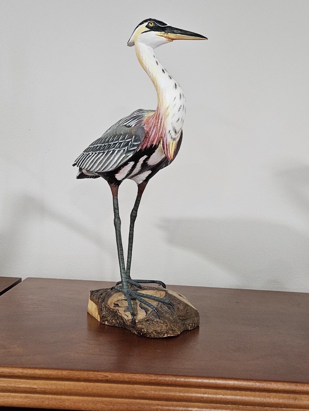 Decorative Heron Sculpture in Gray, White, Pink and Yellow